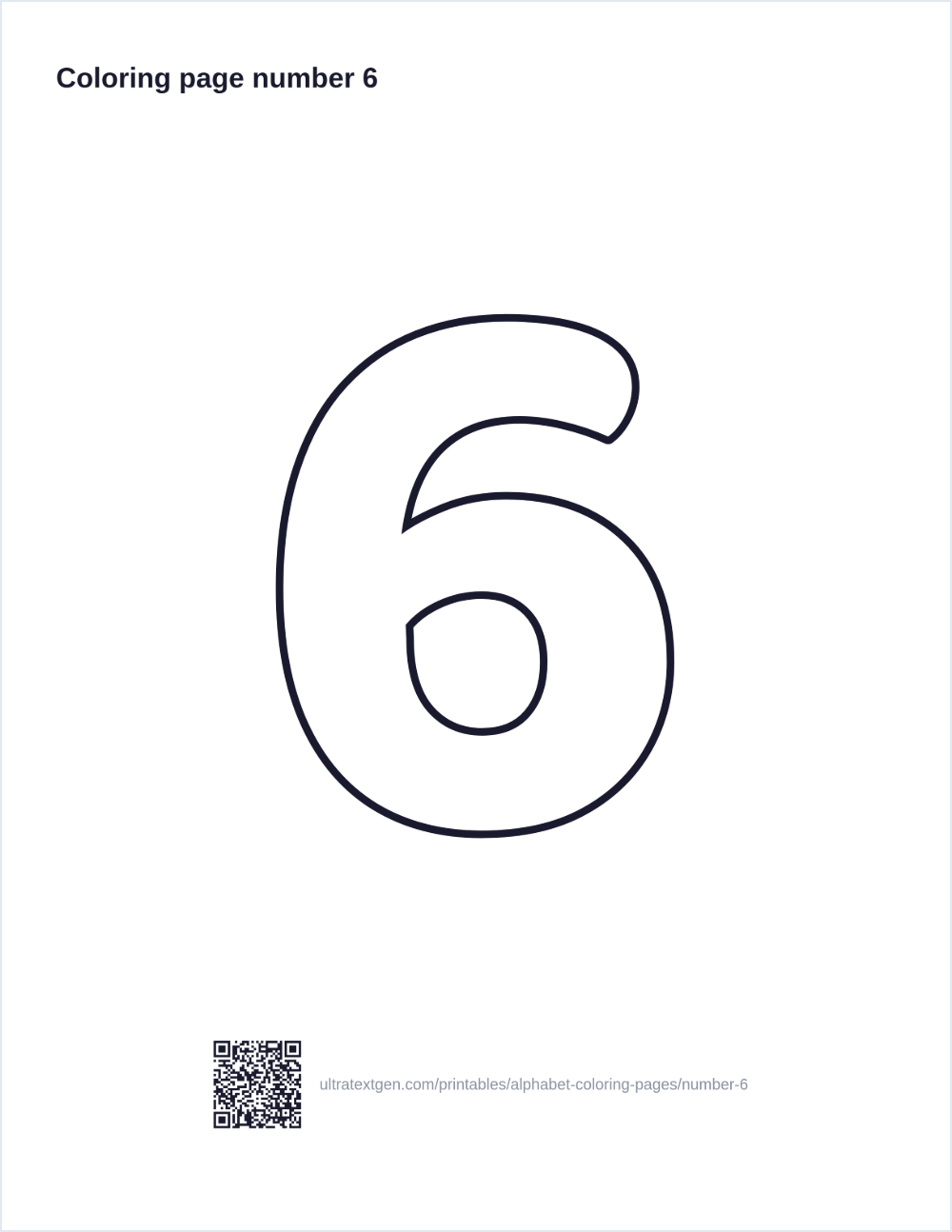 Number 6 coloring page: large outline number to print and color in