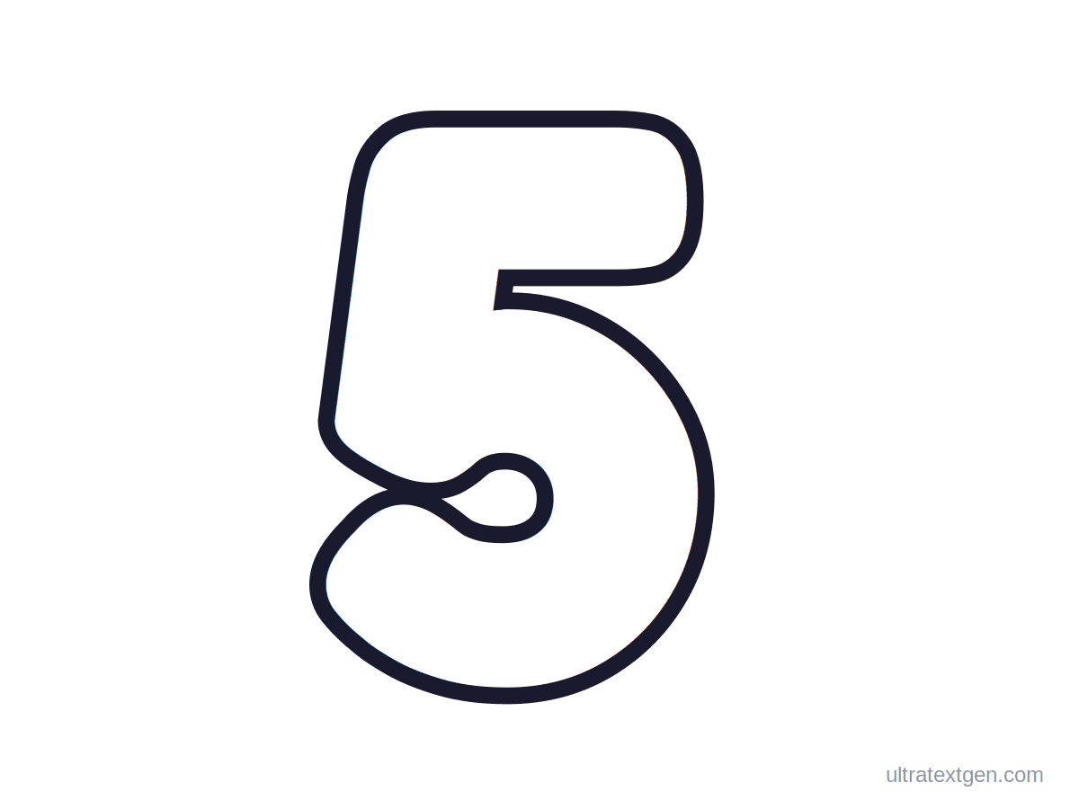 Printable bubble number 5: puffy hollow outline to print, trace and color in