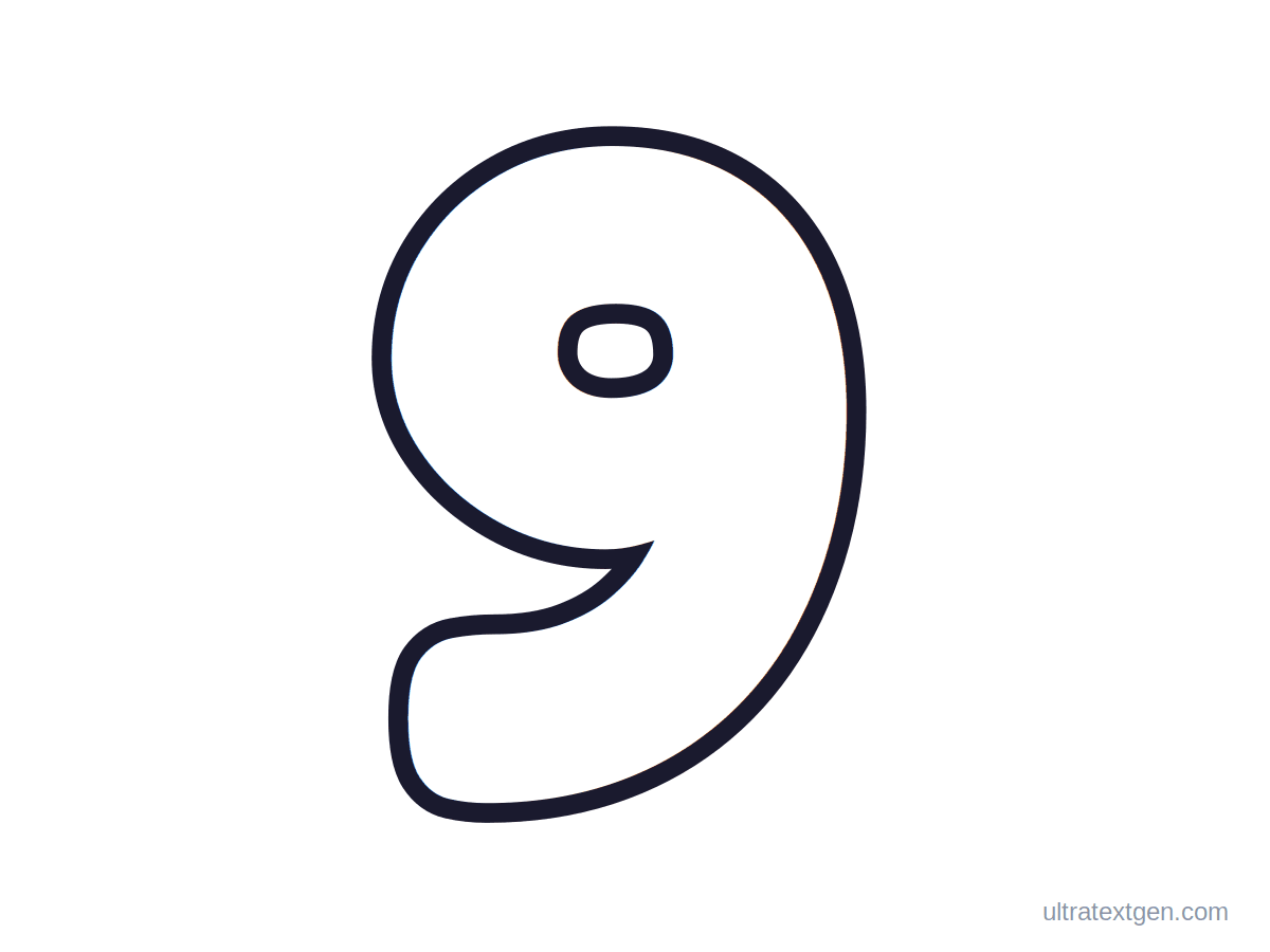 Printable bubble number 9: puffy hollow outline to print, trace and color in