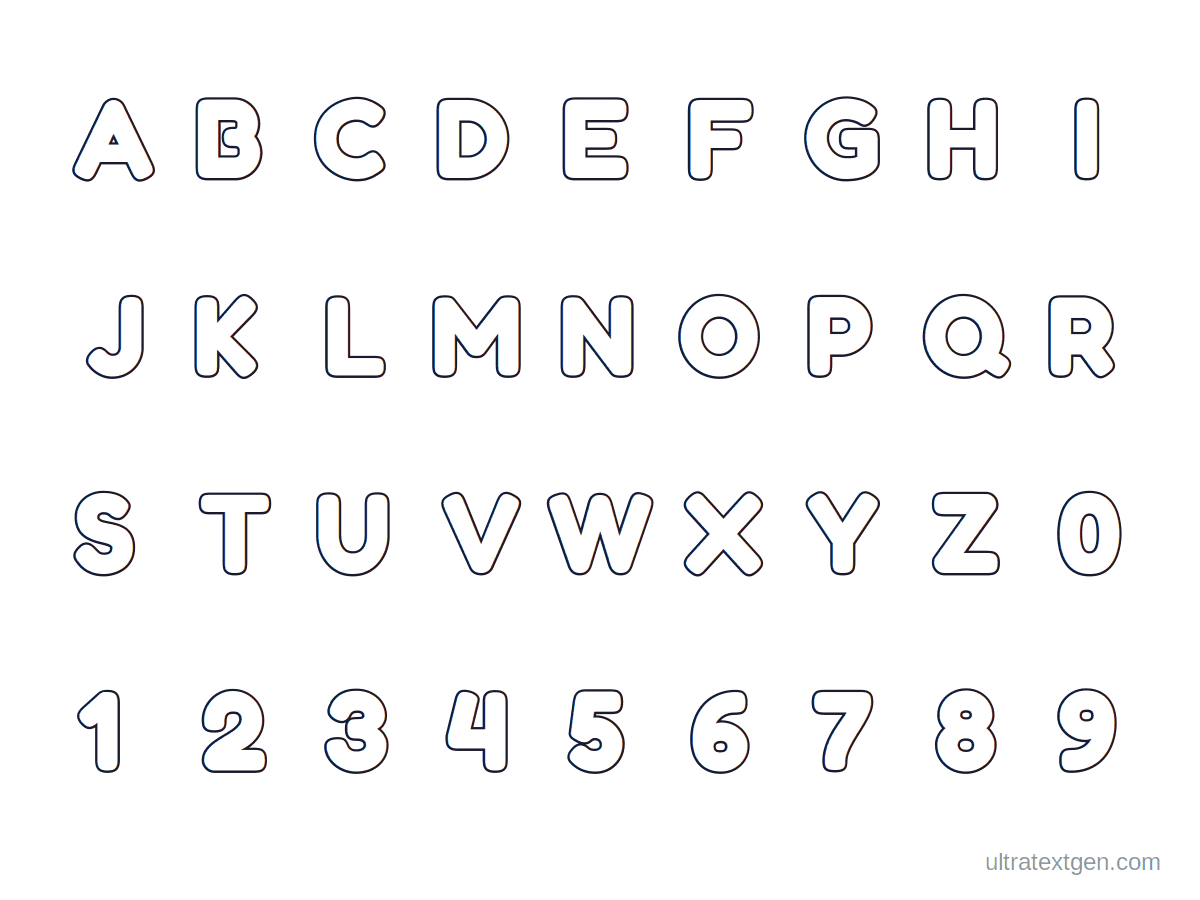 Printable bubble letter alphabet A to Z and numbers 0 to 9: rounded hollow outlines to color in