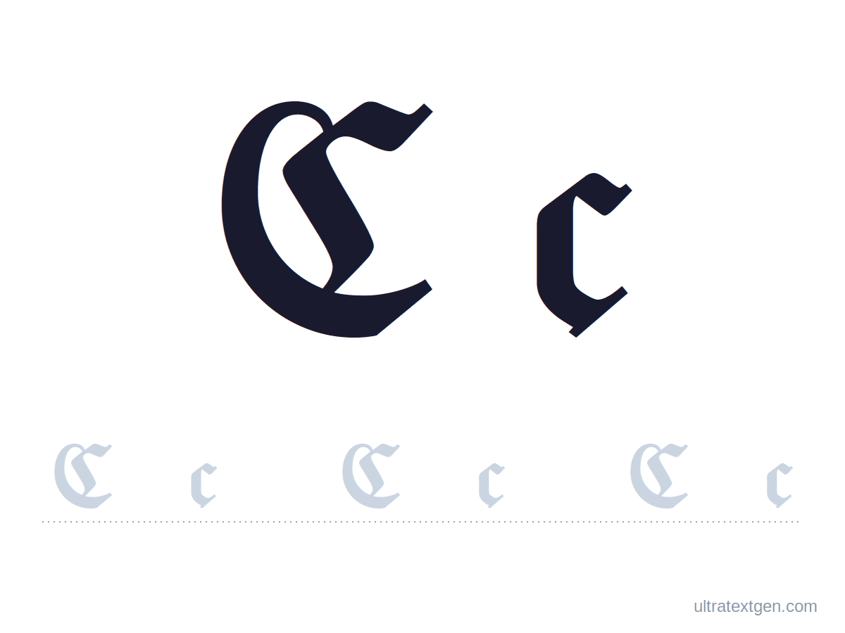 Calligraphy letter C practice sheet: blackletter uppercase and lowercase model with a lighter trace row