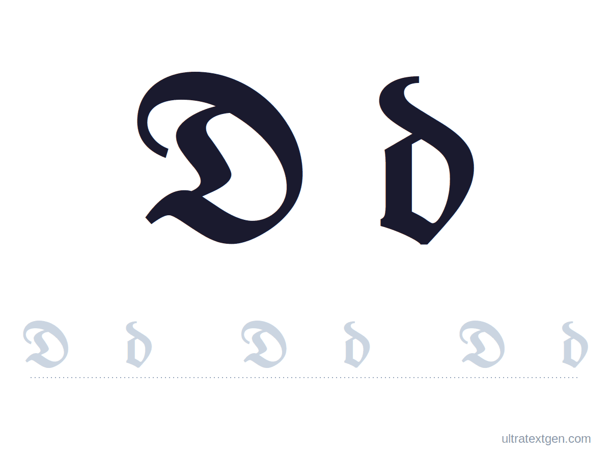 Calligraphy letter D practice sheet: blackletter uppercase and lowercase model with a lighter trace row