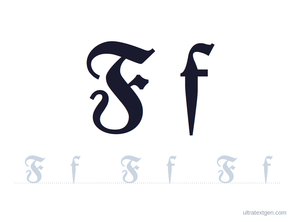 Calligraphy letter F practice sheet: blackletter uppercase and lowercase model with a lighter trace row