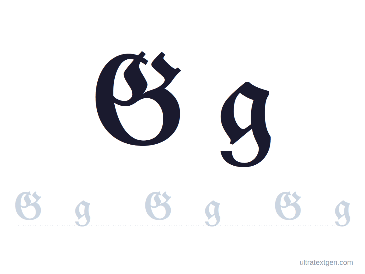 Calligraphy letter G practice sheet: blackletter uppercase and lowercase model with a lighter trace row