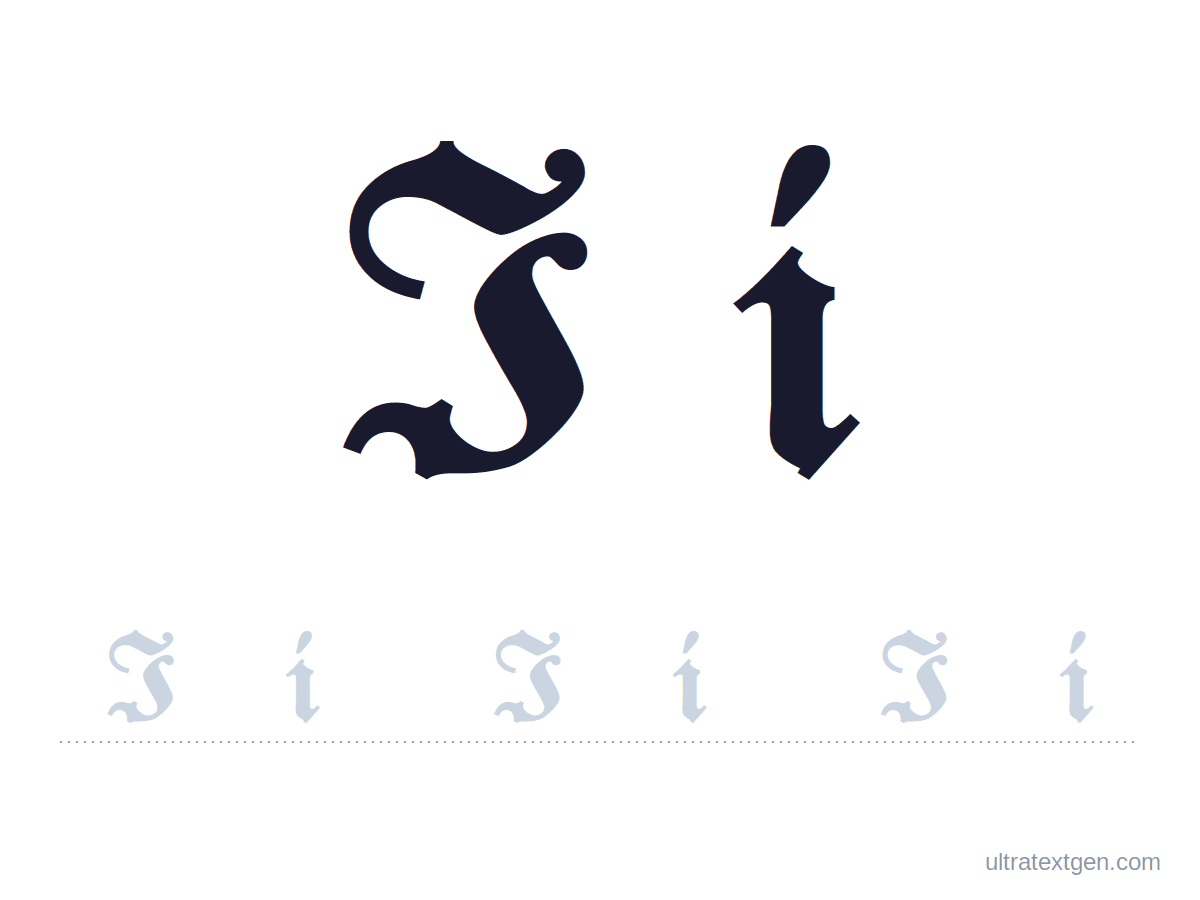 Calligraphy letter I practice sheet: blackletter uppercase and lowercase model with a lighter trace row
