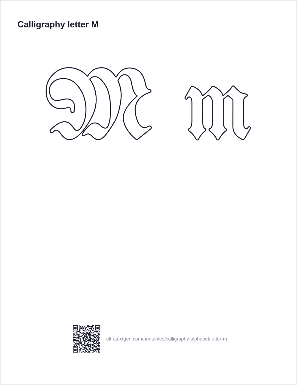 Calligraphy letter M practice sheet: blackletter uppercase and lowercase model with a lighter trace row