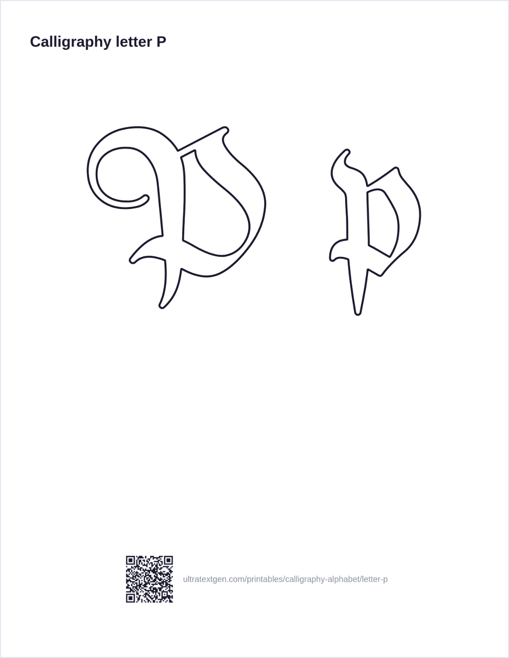 Calligraphy letter P practice sheet: blackletter uppercase and lowercase model with a lighter trace row