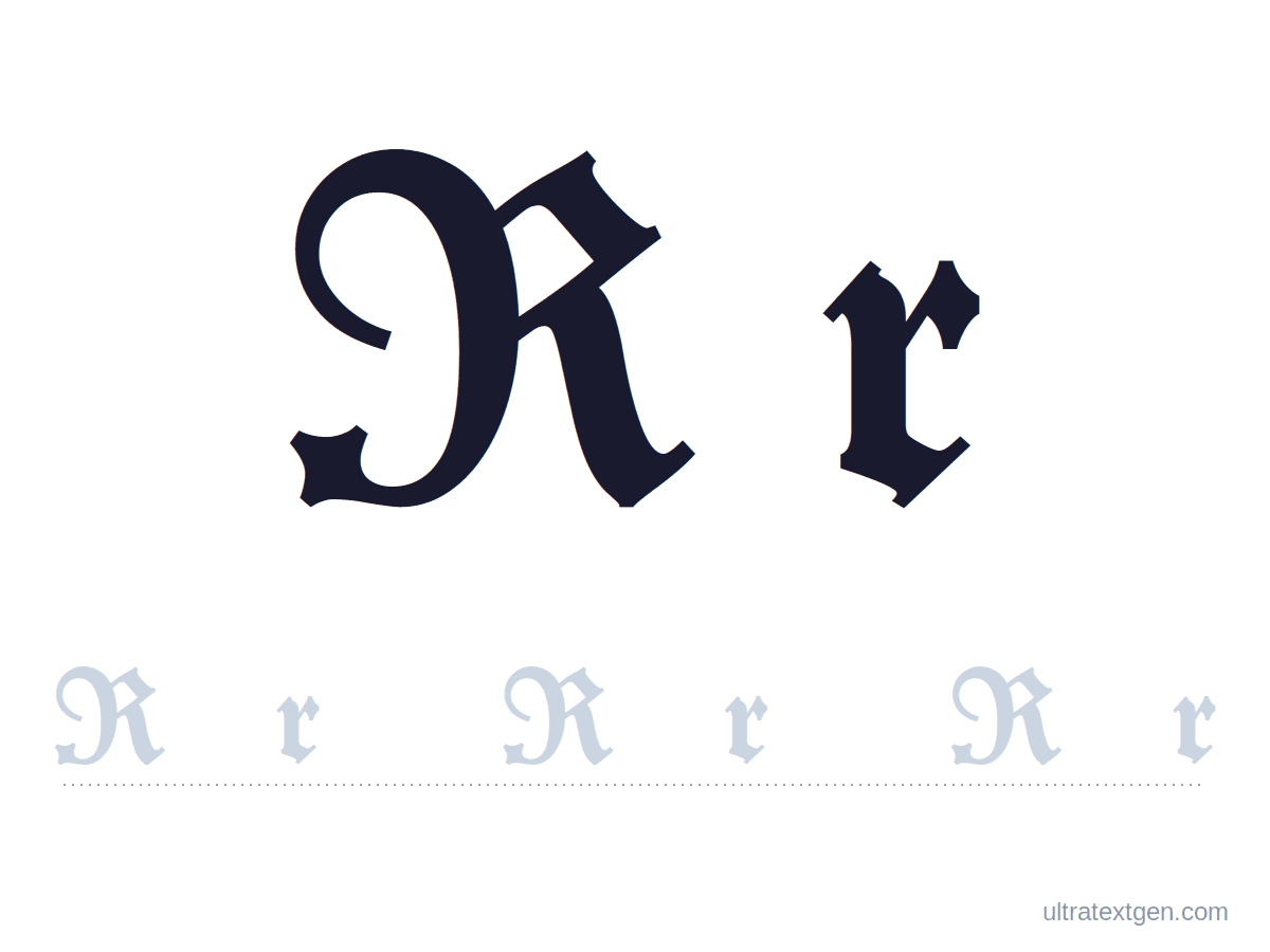 Calligraphy letter R practice sheet: blackletter uppercase and lowercase model with a lighter trace row