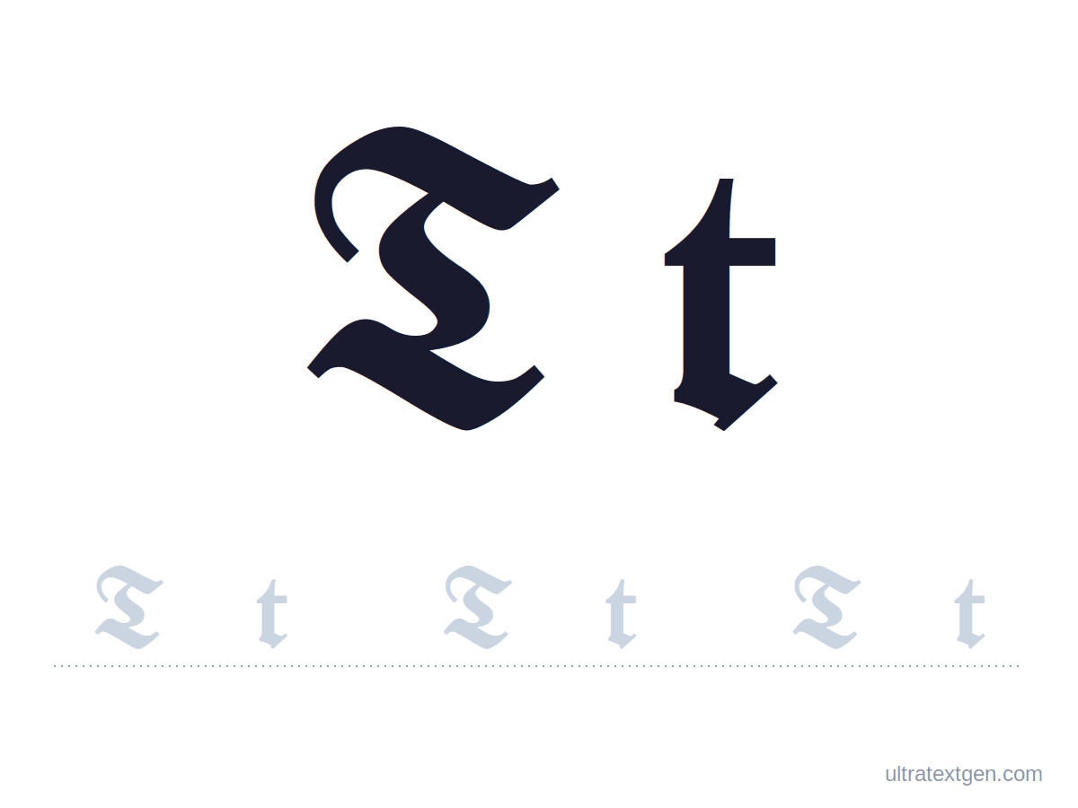 Calligraphy letter T practice sheet: blackletter uppercase and lowercase model with a lighter trace row