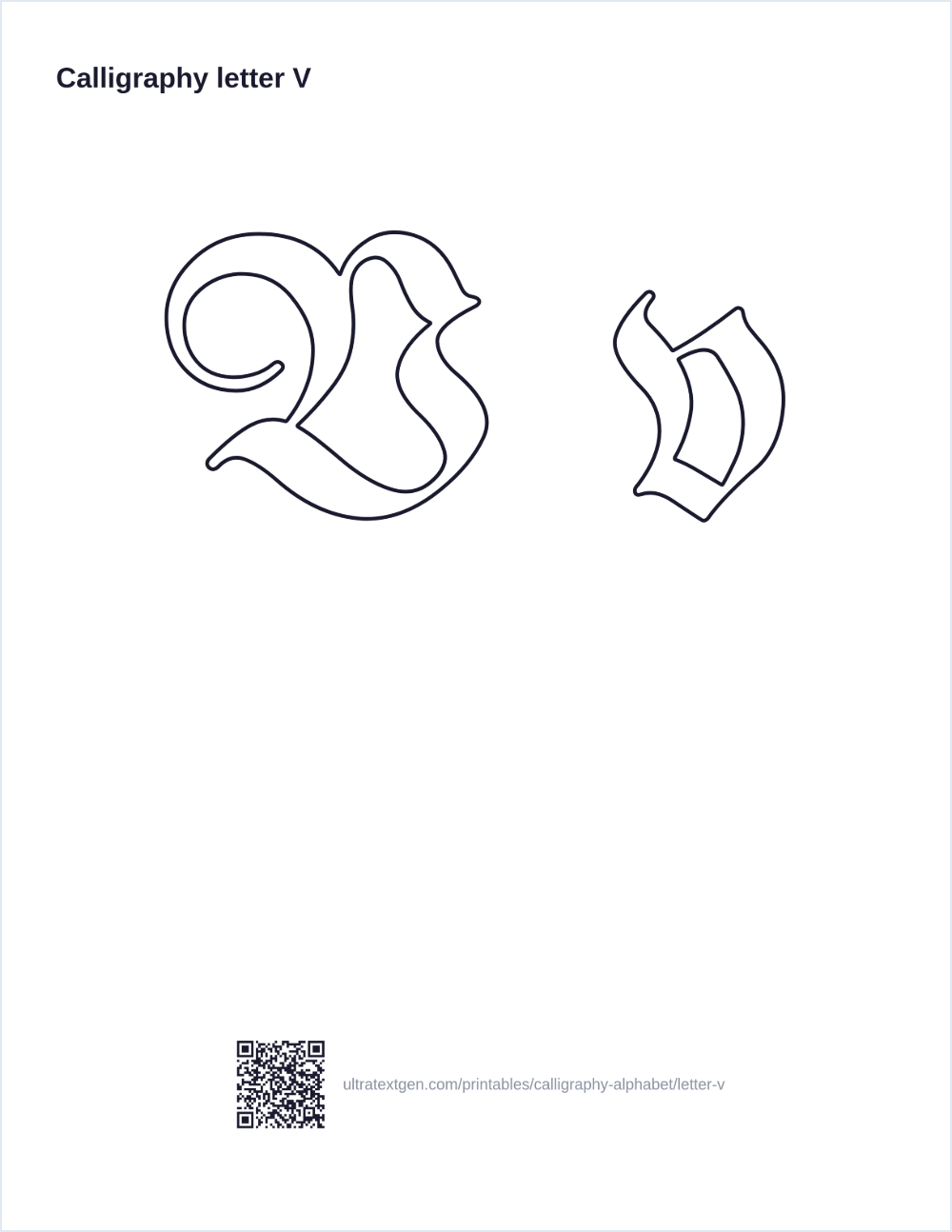 Calligraphy letter V practice sheet: blackletter uppercase and lowercase model with a lighter trace row
