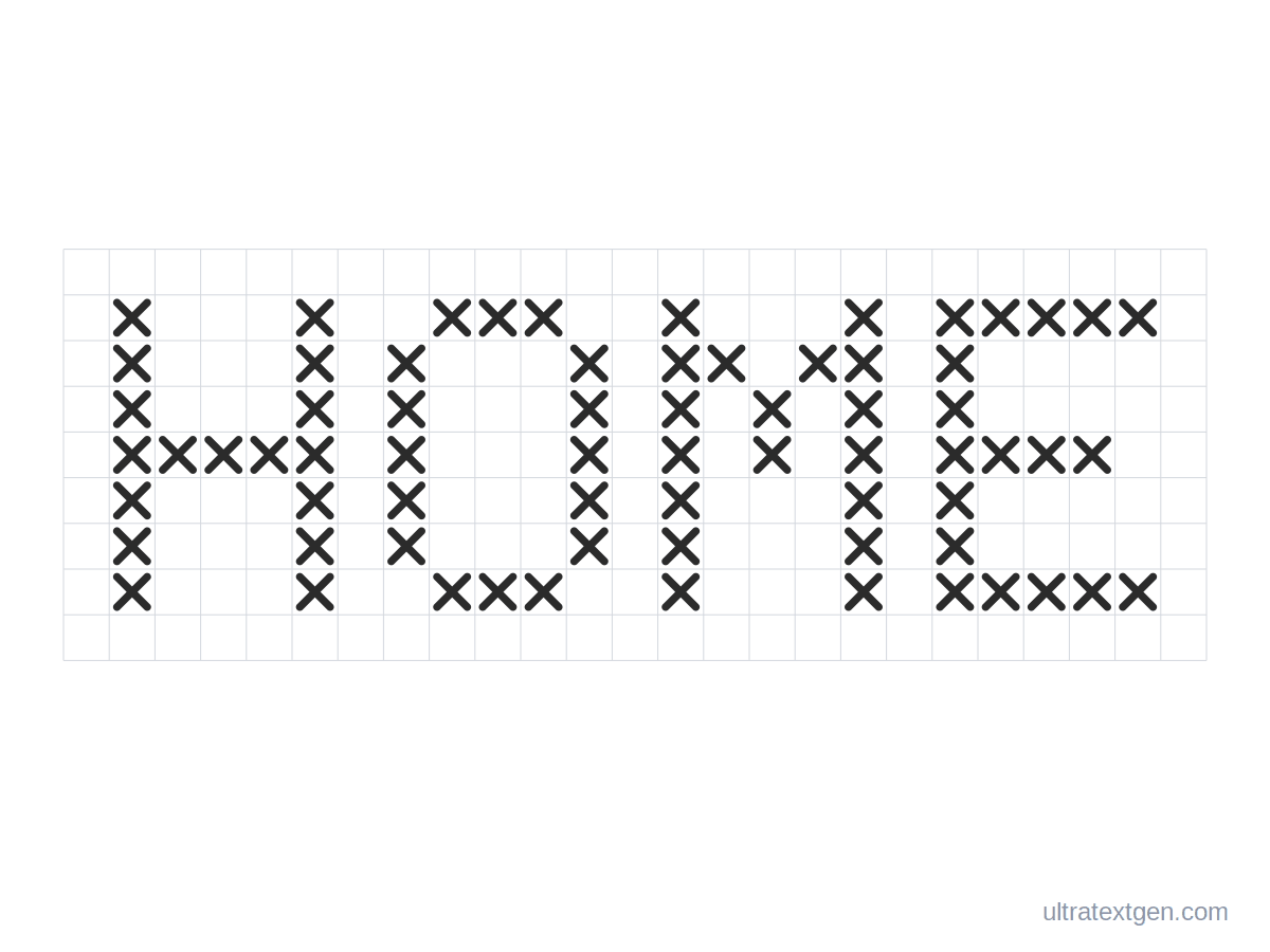 Cross-stitch letter chart sample: the word HOME as X stitches on a 5 by 7 grid