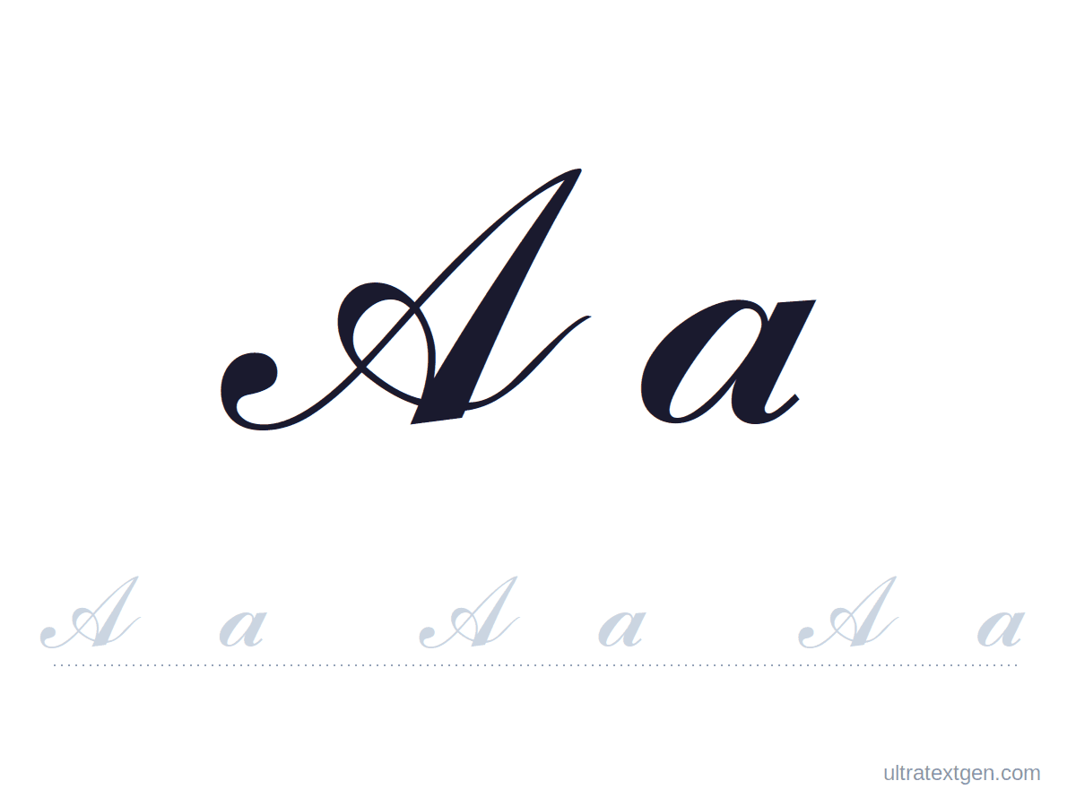 Cursive letter A practice sheet: uppercase and lowercase model with a lighter trace row