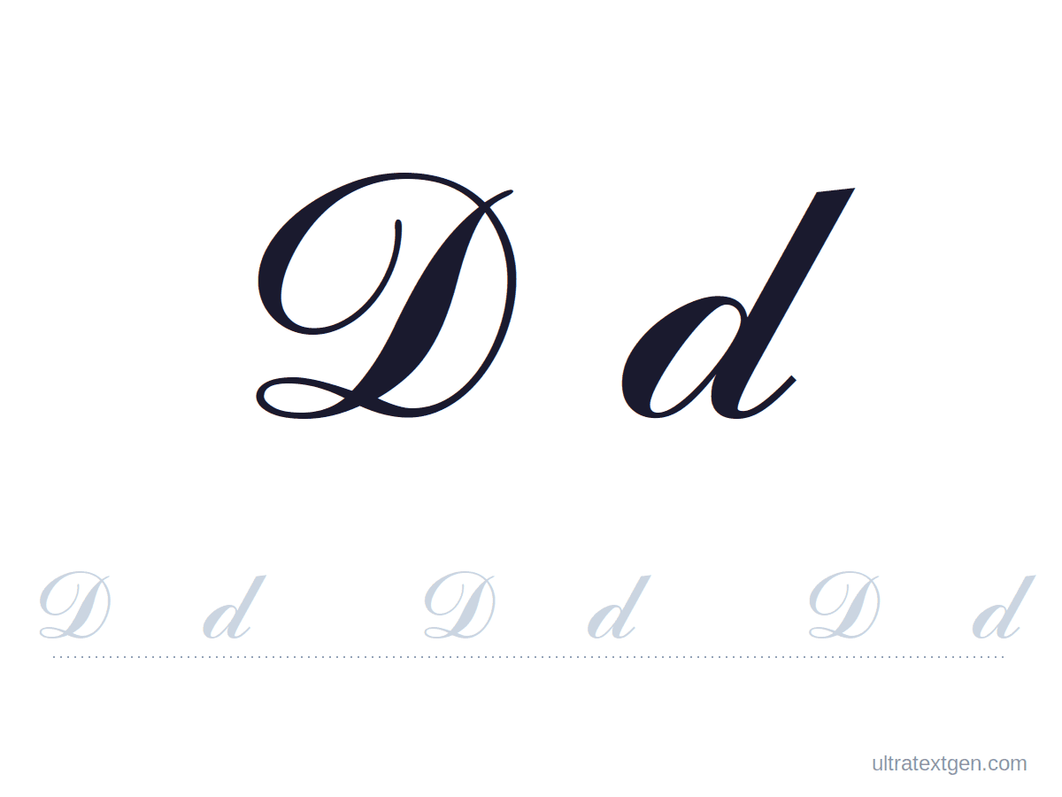 Cursive letter D practice sheet: uppercase and lowercase model with a lighter trace row