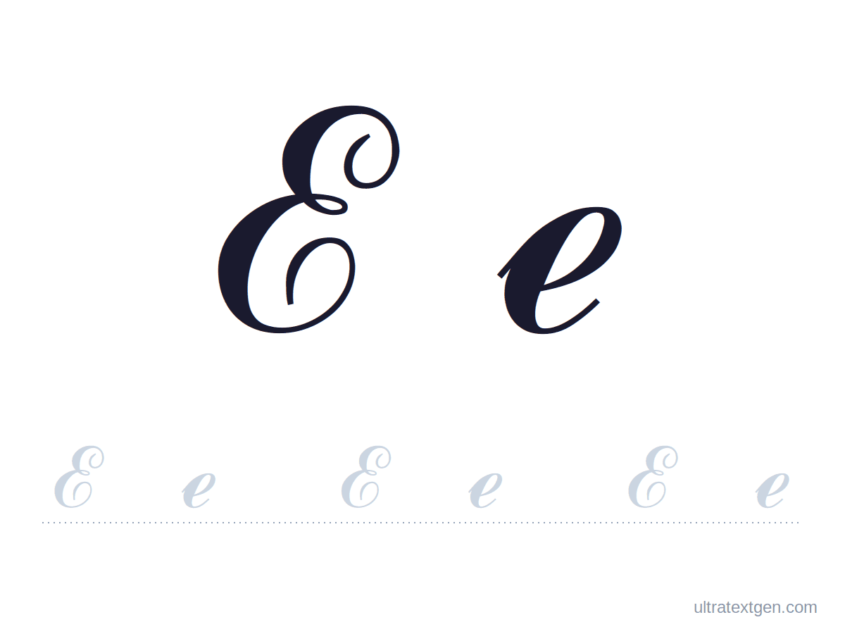 Cursive letter E practice sheet: uppercase and lowercase model with a lighter trace row