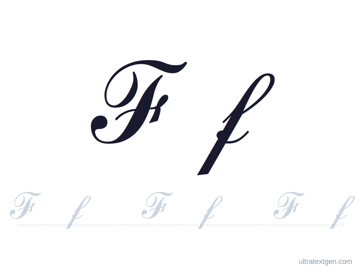 Cursive letter F practice sheet: uppercase and lowercase model with a lighter trace row