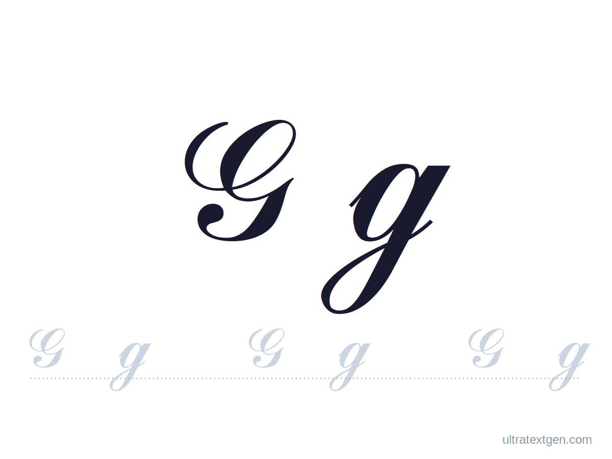 Cursive letter G practice sheet: uppercase and lowercase model with a lighter trace row