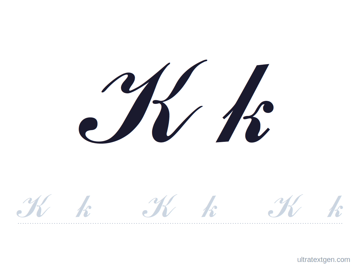 Cursive letter K practice sheet: uppercase and lowercase model with a lighter trace row