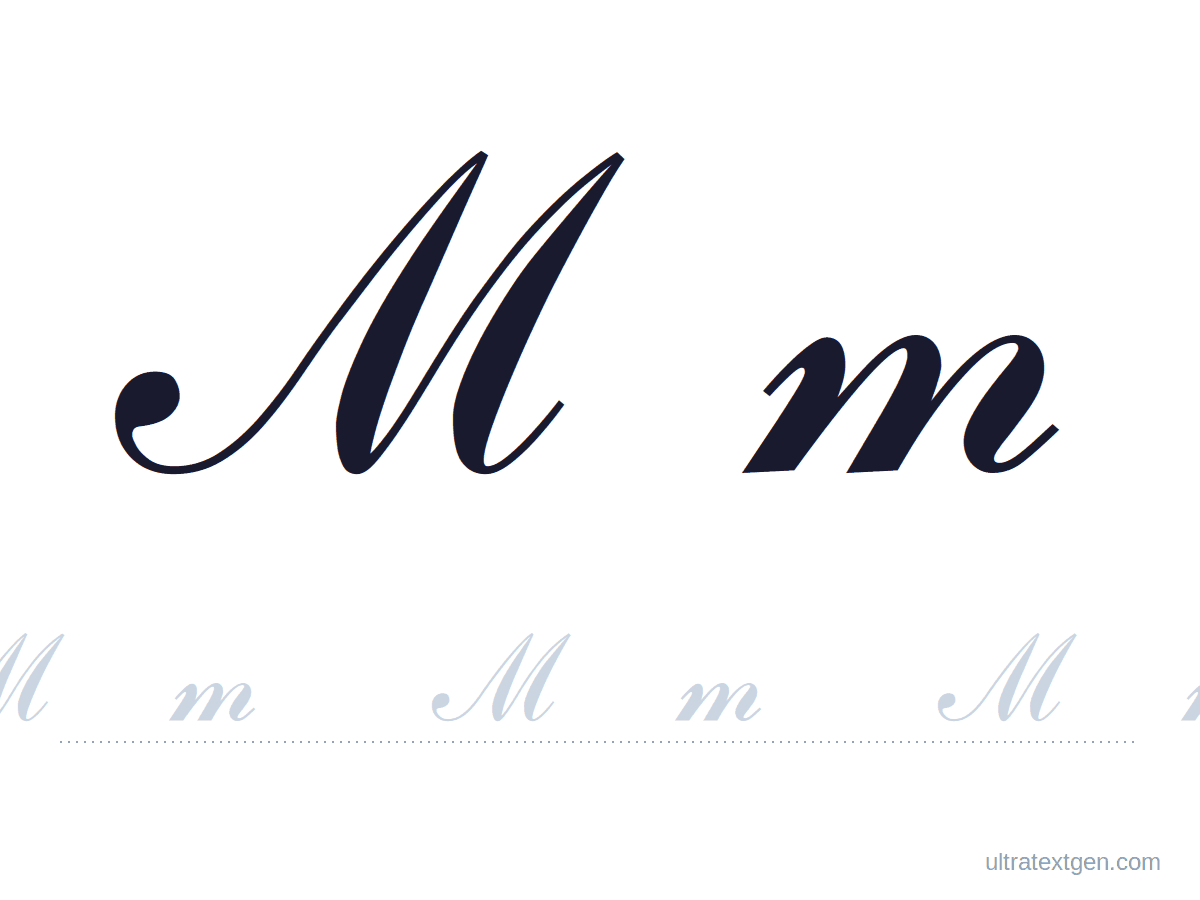 Cursive letter M practice sheet: uppercase and lowercase model with a lighter trace row