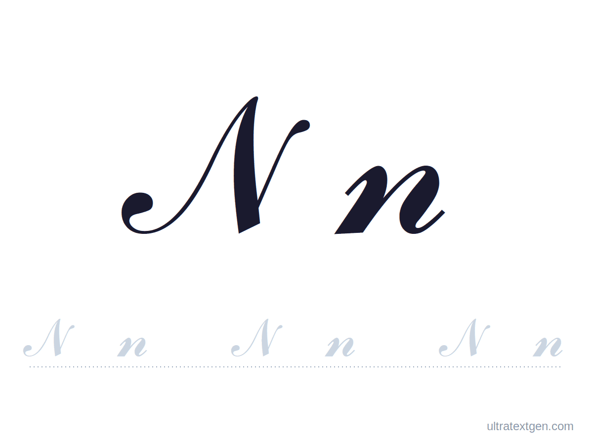 Cursive letter N practice sheet: uppercase and lowercase model with a lighter trace row