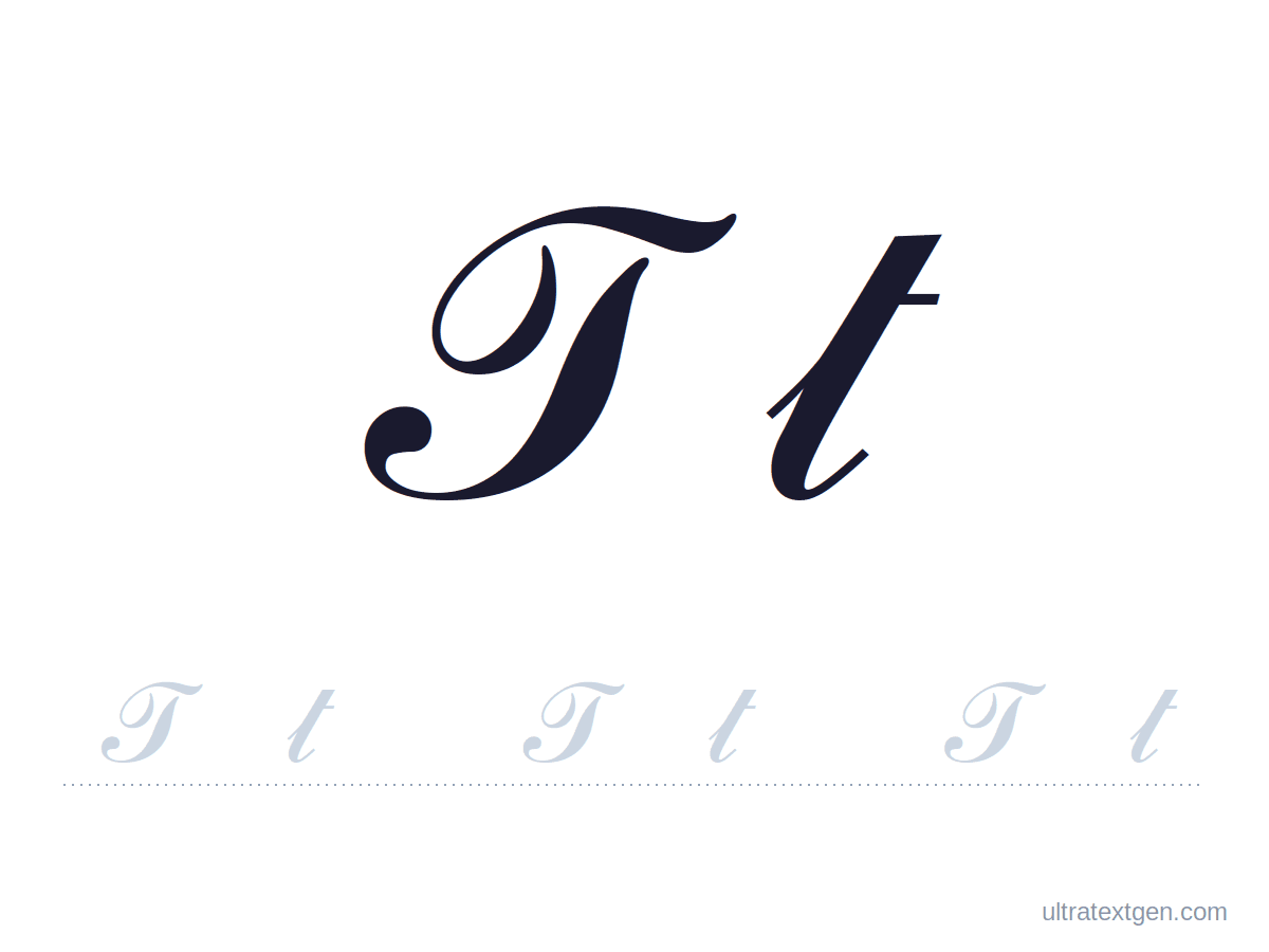Cursive letter T practice sheet: uppercase and lowercase model with a lighter trace row
