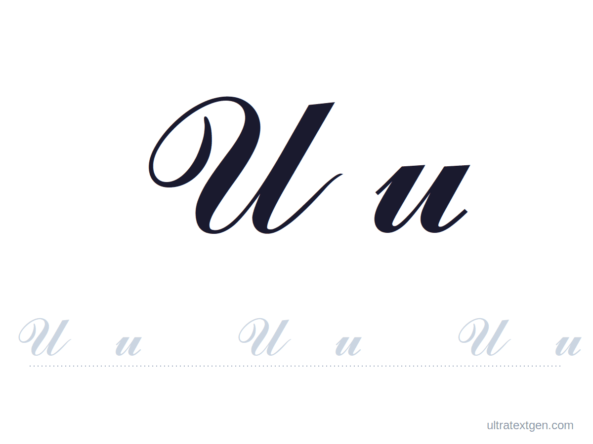 Cursive letter U practice sheet: uppercase and lowercase model with a lighter trace row