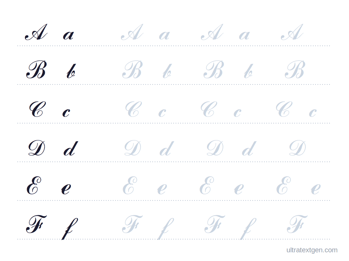 Cursive alphabet practice sheet: model letters with traceable copies on ruled rows