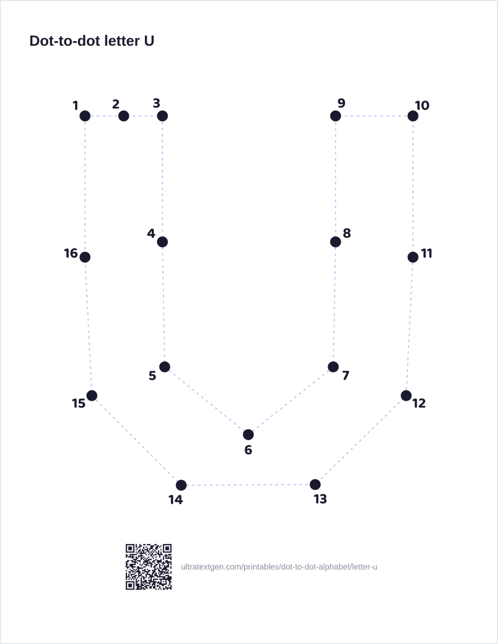 Letter U dot to dot: numbered dots to connect that reveal the letter