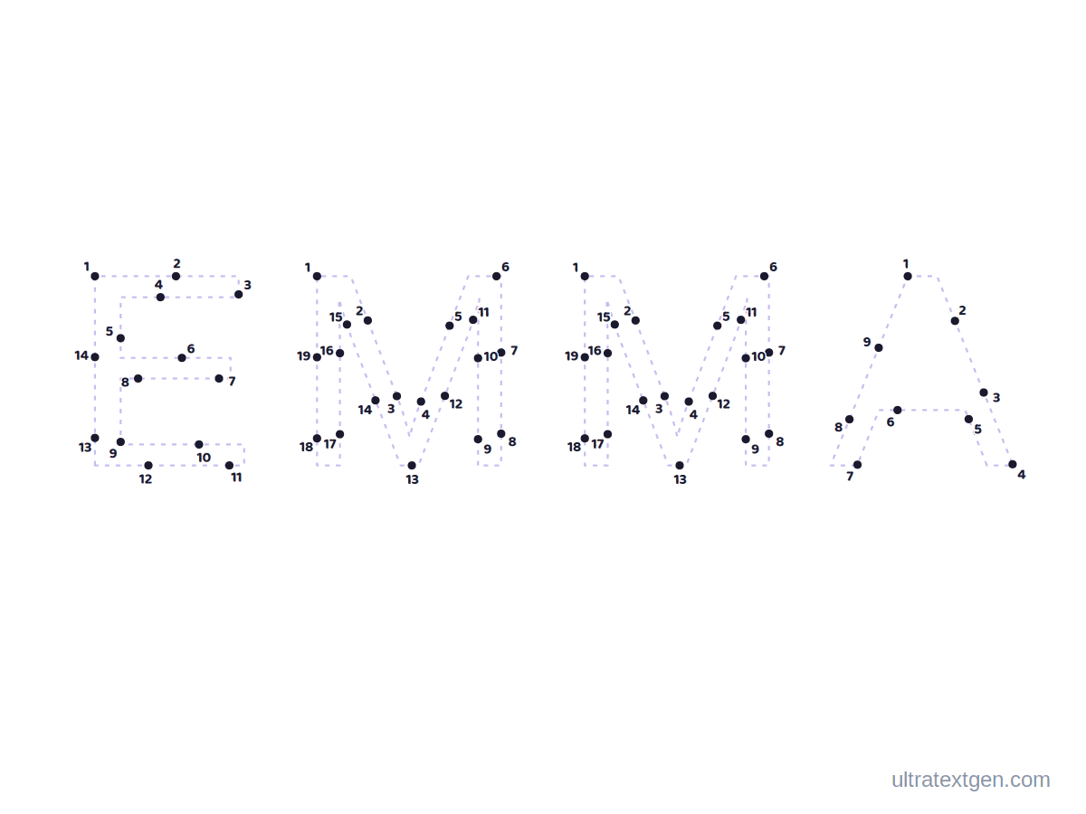 Dot to dot name sample: EMMA as numbered dots to connect, one loop per letter