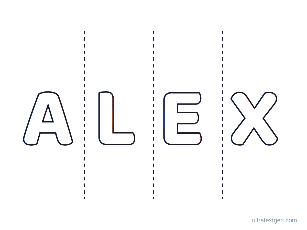 Name puzzle sample: ALEX as hollow letter pieces separated by dashed cut lines
