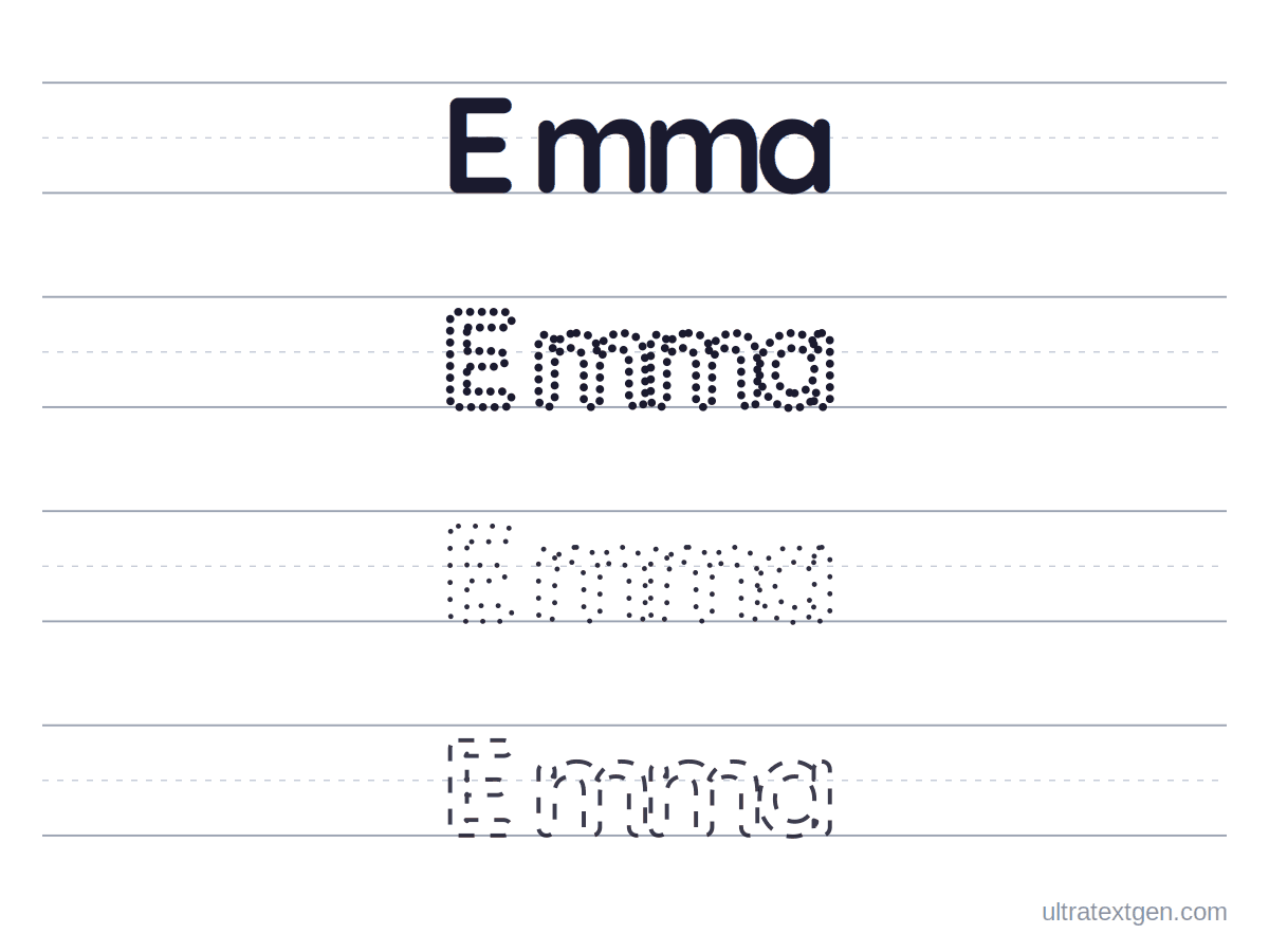 Name tracing worksheet sample for Emma: solid model, dotted and dashed rows on ruled handwriting lines